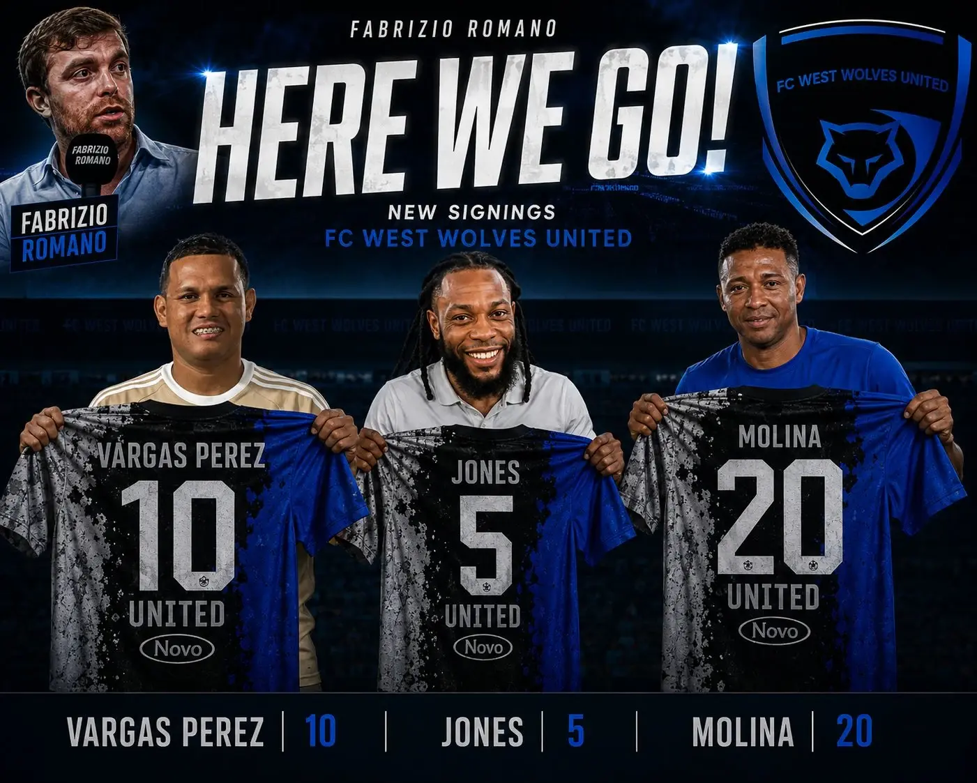 Club signing graphic announcing Vargas Perez (10), Jones (5) and Molina (20)